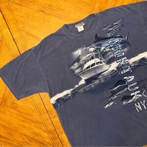 Vintage San Segal Montauk NY TShirt Men’s Size 2XL Sailboat Blue Wrap Around AOP